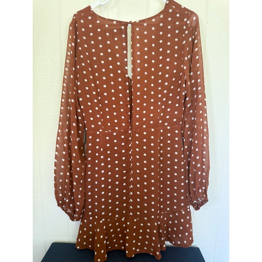 Lulus Rust Brown Polka Dot Long Sleeve Ruffle Mini Dress NWT - Picture 5 of 5